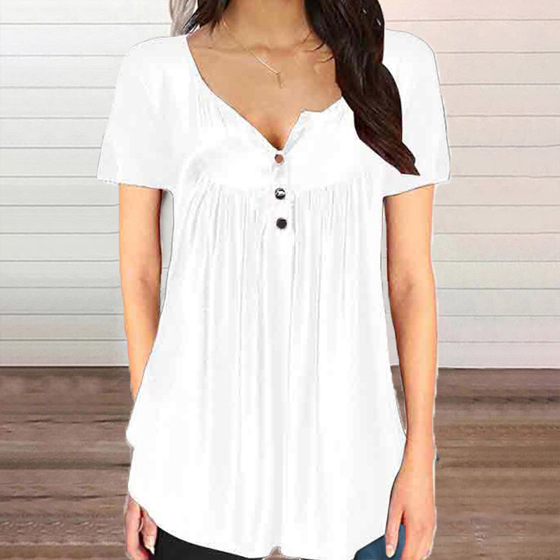 Solid Color Casual Button V-neck Loose Blouse