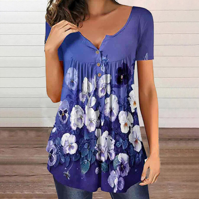 Loose Printed Button V-neck Pleated Blouse