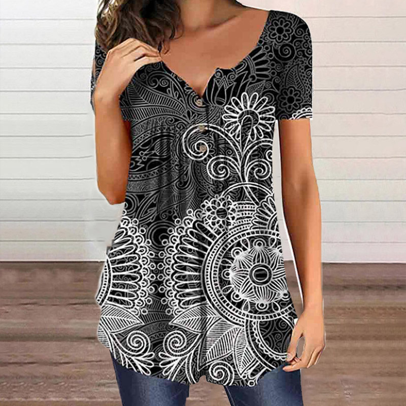 Loose Printed Button V-neck Pleated Blouse