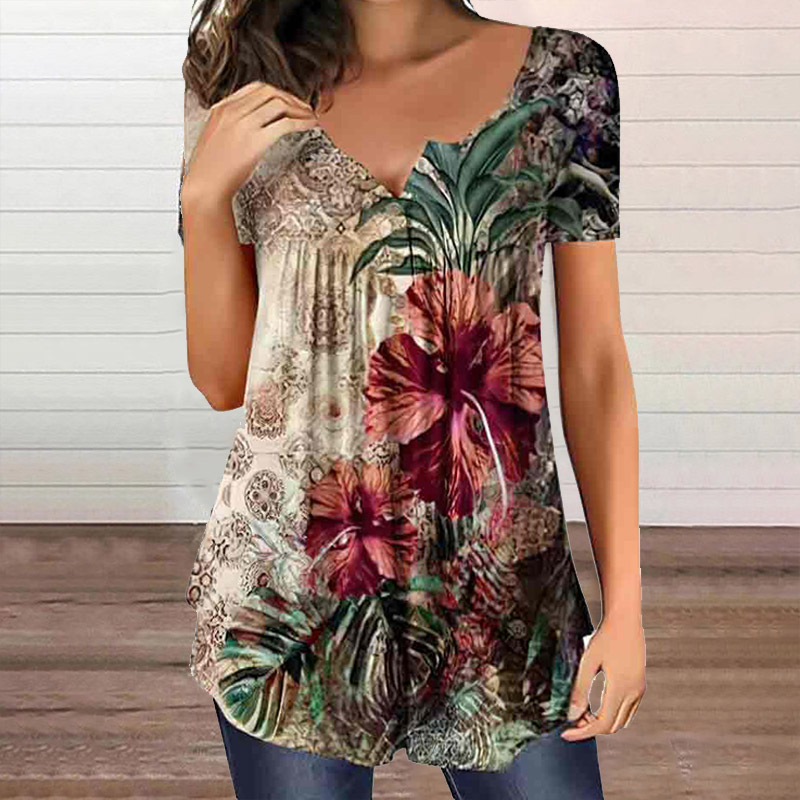 Loose Printed Button V-neck Pleated Blouse