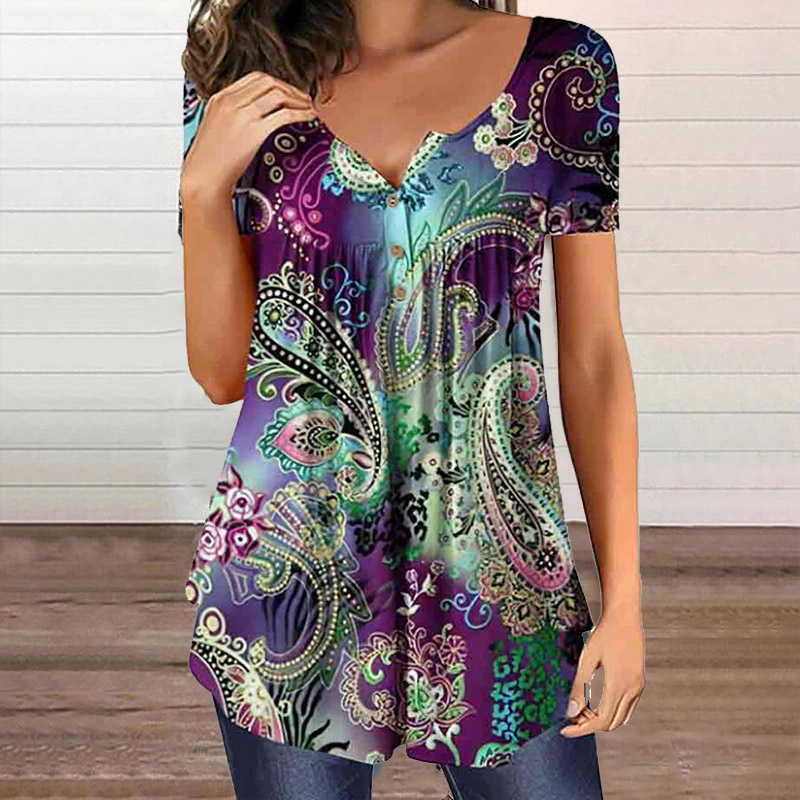 Loose Printed Button V-neck Pleated Blouse