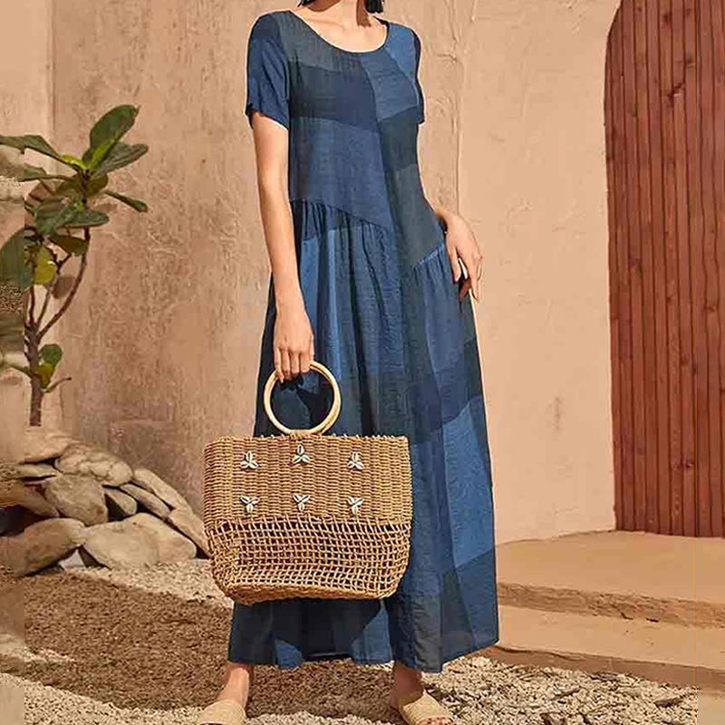 Retro Loose Plaid Printed Color Blocking Casual Maxi Dress
