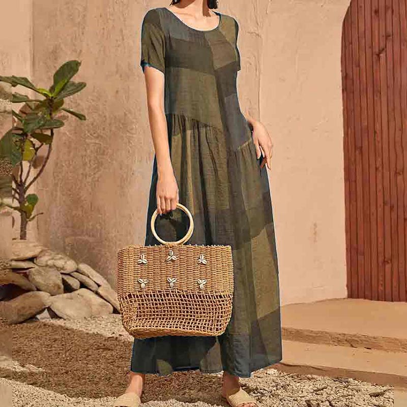 Retro Loose Plaid Printed Color Blocking Casual Maxi Dress
