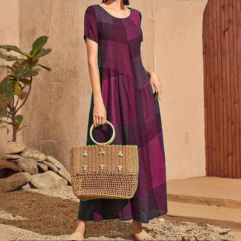 Retro Loose Plaid Printed Color Blocking Casual Maxi Dress