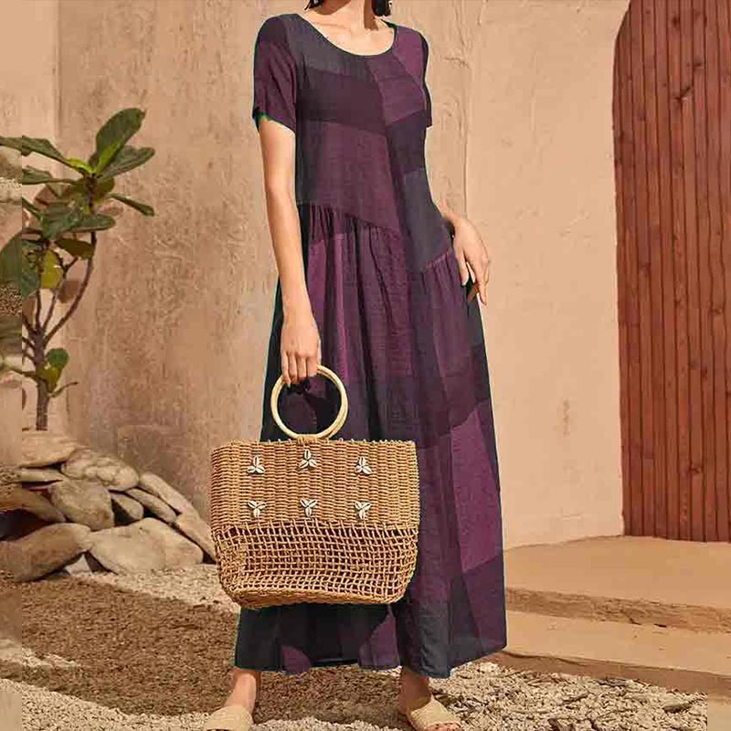 Retro Loose Plaid Printed Color Blocking Casual Maxi Dress
