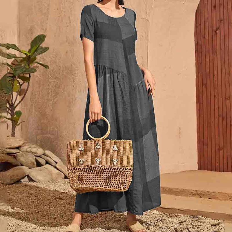 Retro Loose Plaid Printed Color Blocking Casual Maxi Dress