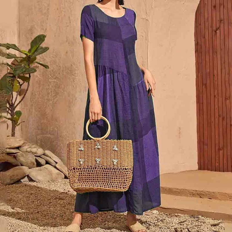Retro Loose Plaid Printed Color Blocking Casual Maxi Dress