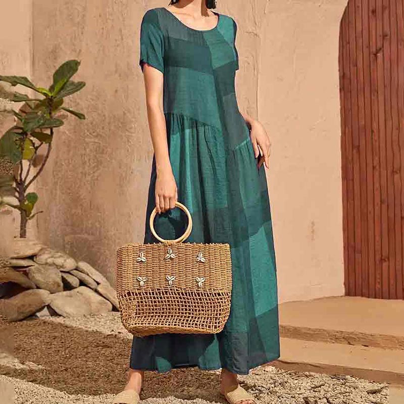 Retro Loose Plaid Printed Color Blocking Casual Maxi Dress
