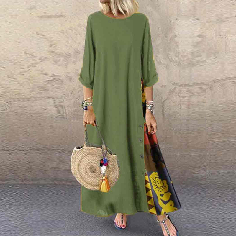 Vintage Floral Printed Stitching Fashion A-line Maxi Dress