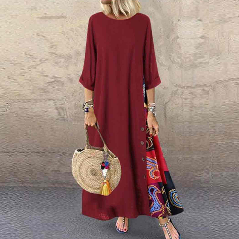 Vintage Floral Printed Stitching Fashion A-line Maxi Dress