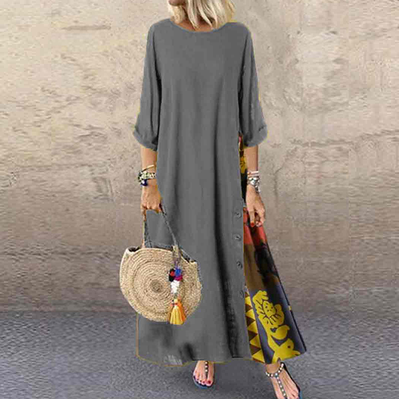 Vintage Floral Printed Stitching Fashion A-line Maxi Dress