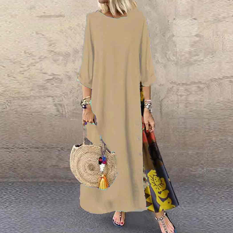 Vintage Floral Printed Stitching Fashion A-line Maxi Dress