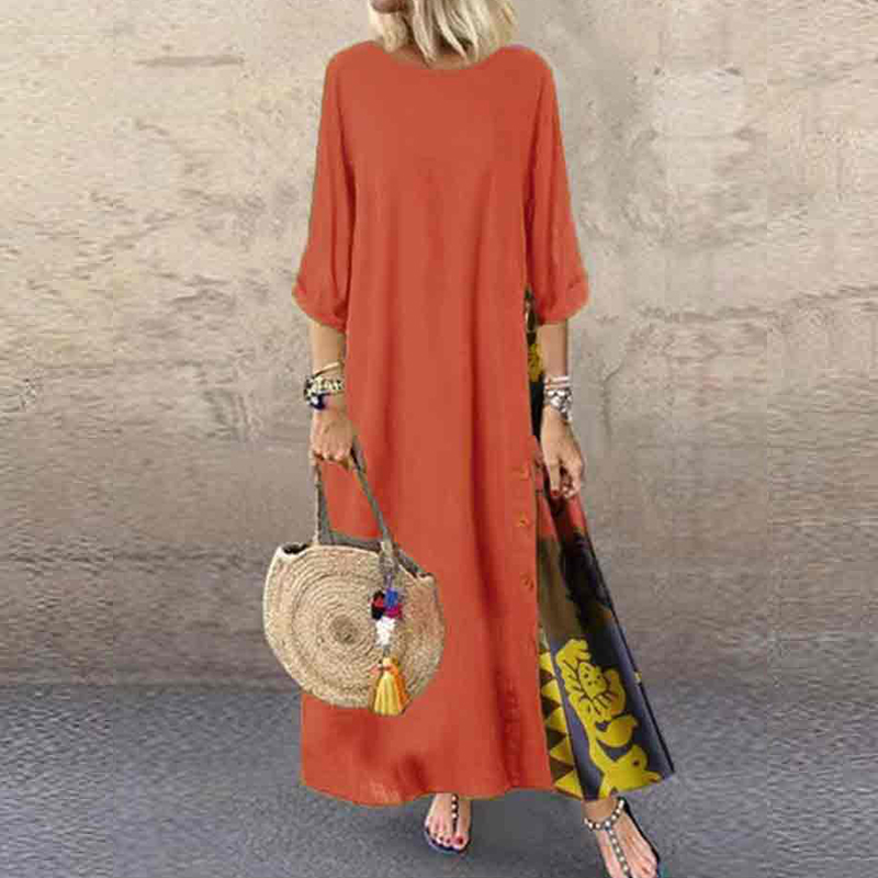 Vintage Floral Printed Stitching Fashion A-line Maxi Dress