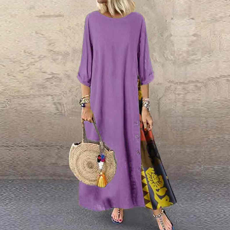 Vintage Floral Printed Stitching Fashion A-line Maxi Dress