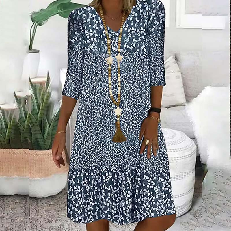 Printed Mid-sleeve V-neck Knee Length Loose Dress