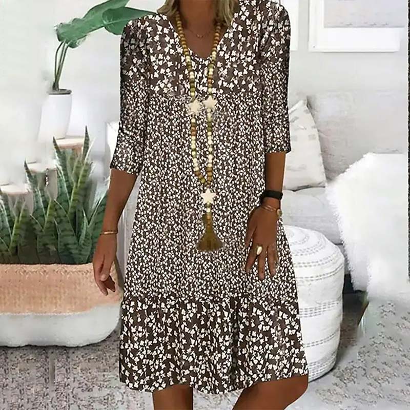 Printed Mid-sleeve V-neck Knee Length Loose Dress