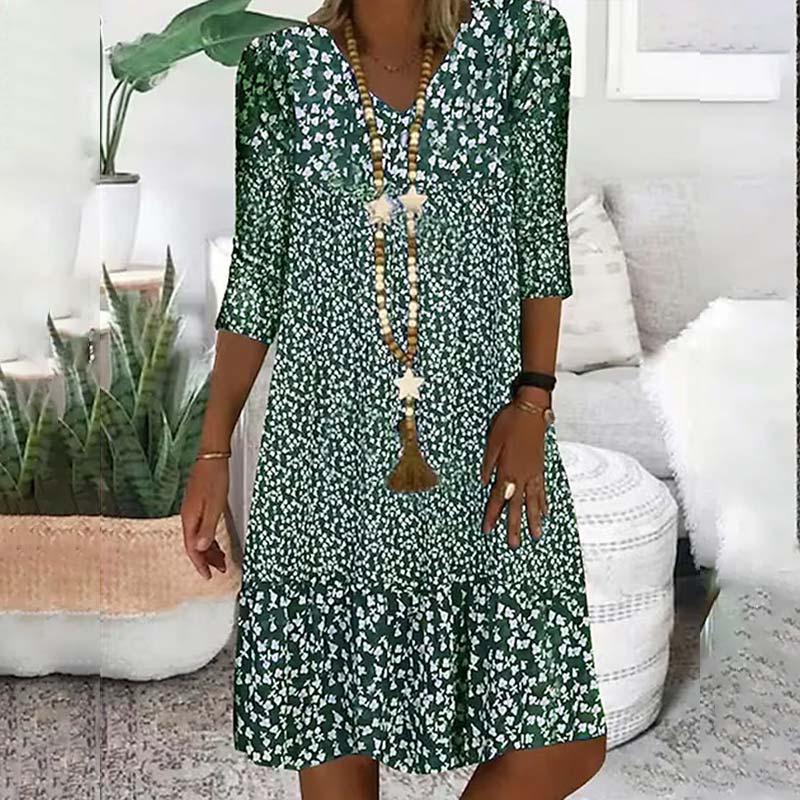 Printed Mid-sleeve V-neck Knee Length Loose Dress