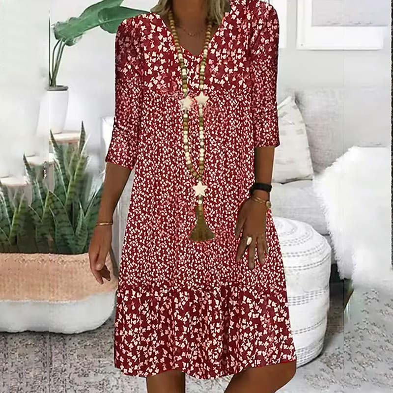 Printed Mid-sleeve V-neck Knee Length Loose Dress