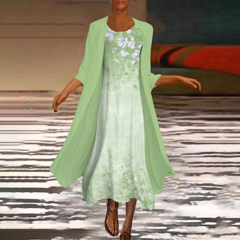 Floral Printed Half Sleeve Dress Cardigan Two-piece Suit