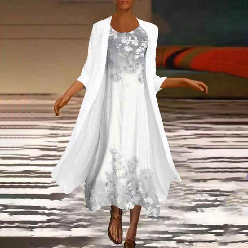 Floral Printed Half Sleeve Dress Cardigan Two-piece Suit