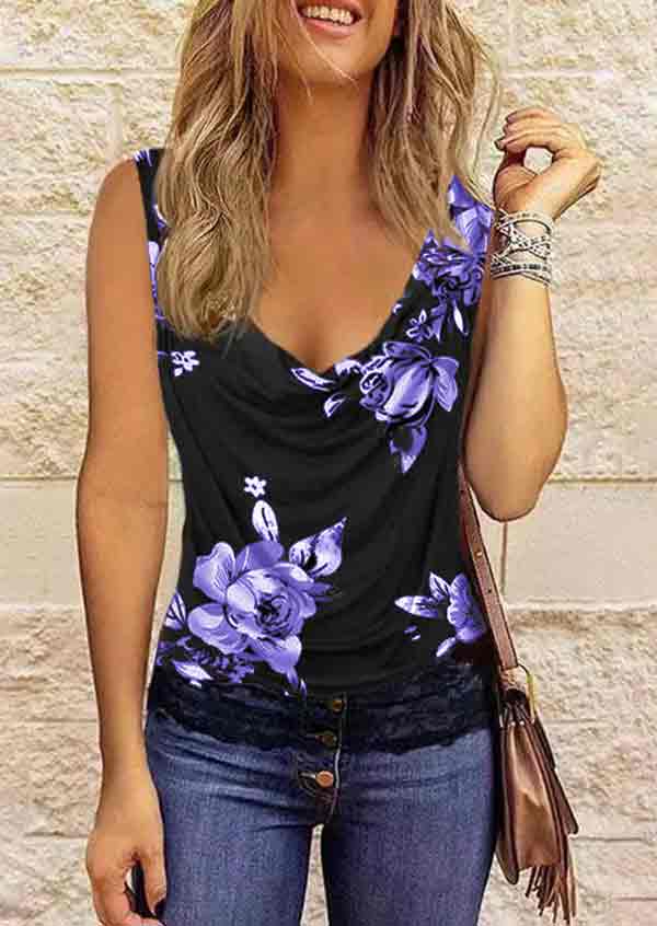 Floral Printed V Neck Fashion Lace Sleeveless Vest T-shirt