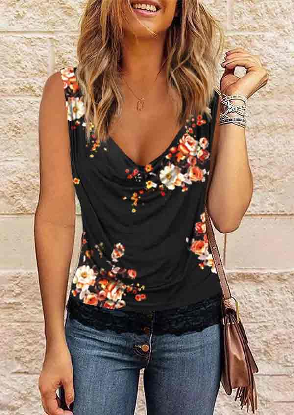 Floral Printed V Neck Fashion Lace Sleeveless Vest T-shirt