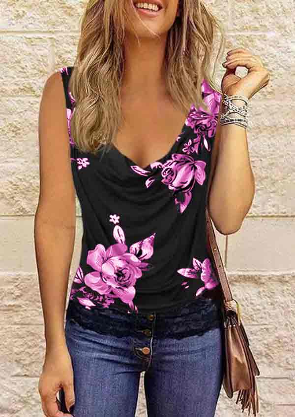Floral Printed V Neck Fashion Lace Sleeveless Vest T-shirt