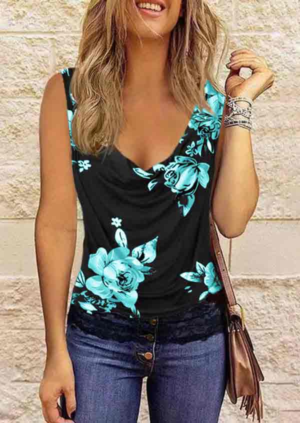Floral Printed V Neck Fashion Lace Sleeveless Vest T-shirt