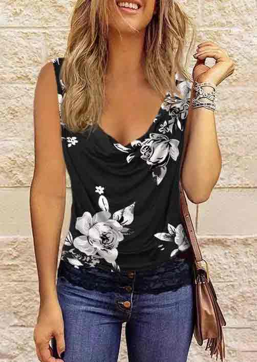 Floral Printed V Neck Fashion Lace Sleeveless Vest T-shirt