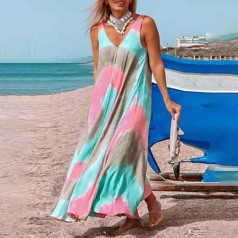 Casual V-Neck Loose Tie-Dye Sleeveless Maxi Dress