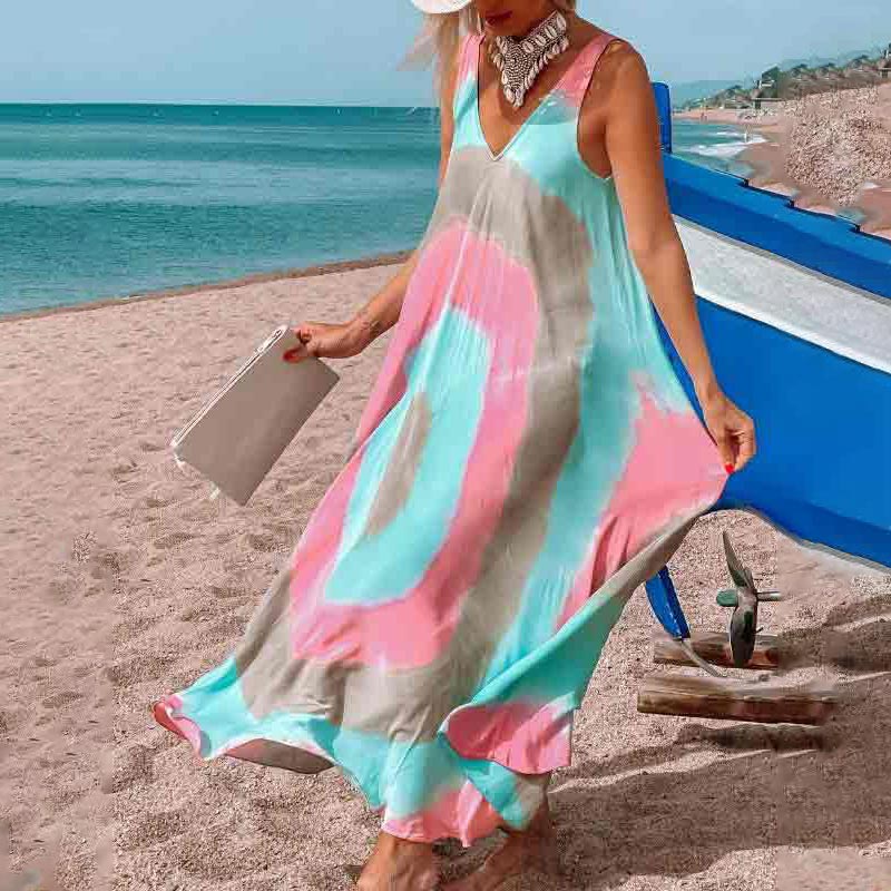 Casual V-Neck Loose Tie-Dye Sleeveless Maxi Dress
