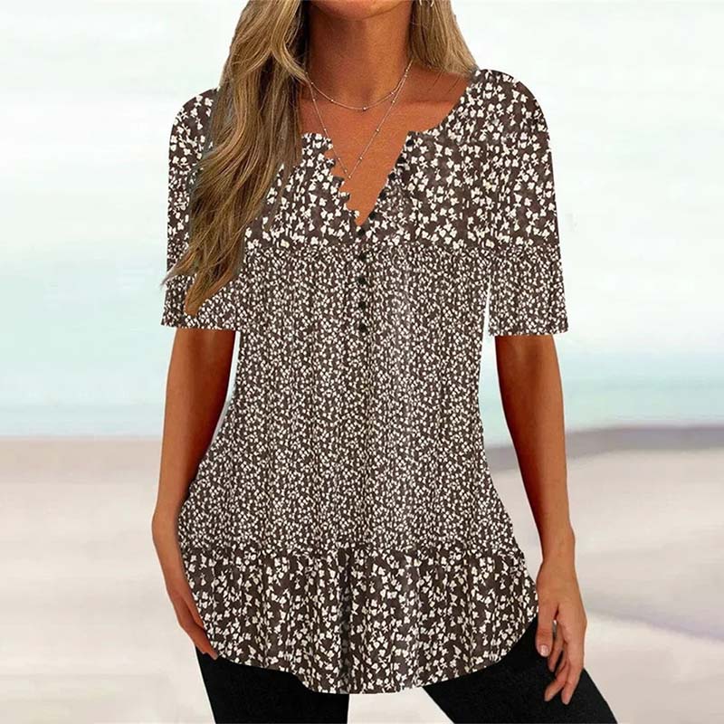 Loose Floral Printed Button V Neck Short Sleeve T-shirt