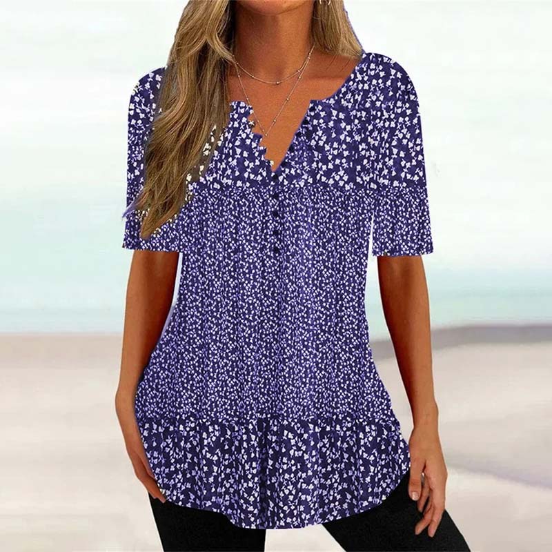 Loose Floral Printed Button V Neck Short Sleeve T-shirt