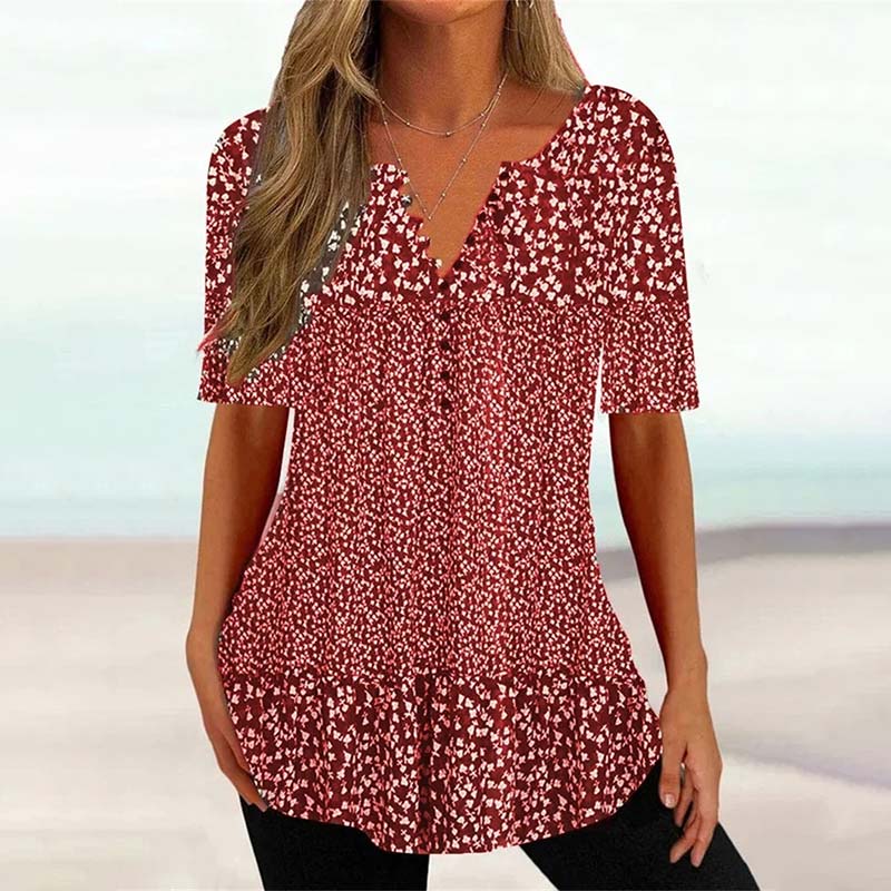 Loose Floral Printed Button V Neck Short Sleeve T-shirt