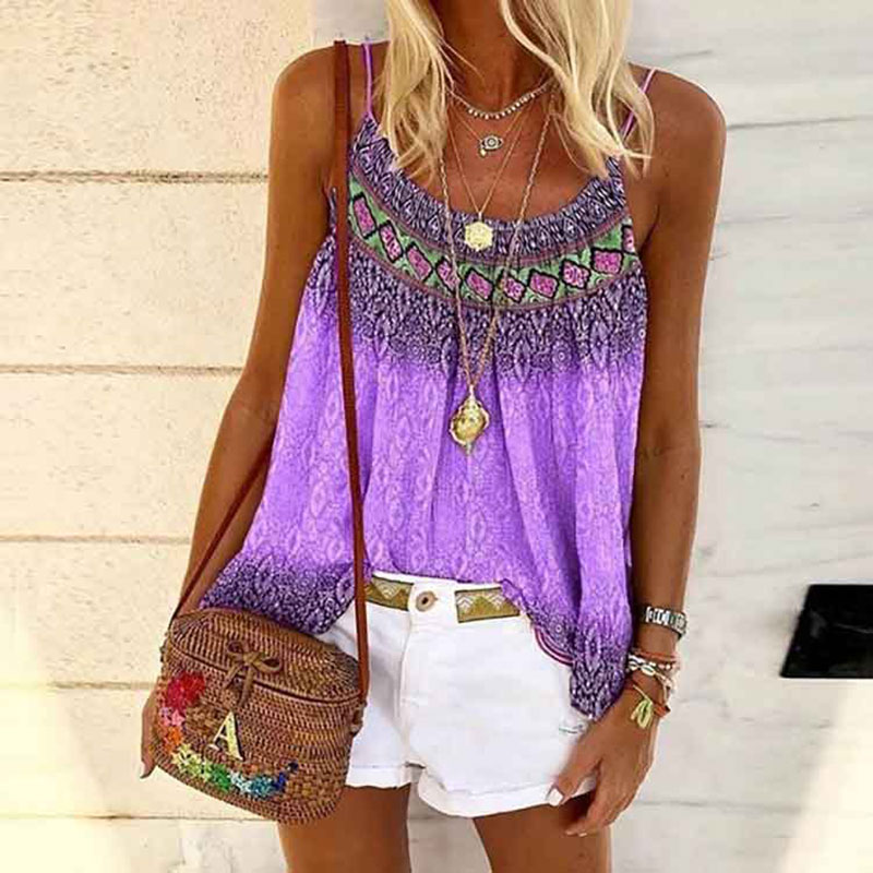 Printed Casual U Neck Sleeveless Pleated Vest T-shirt