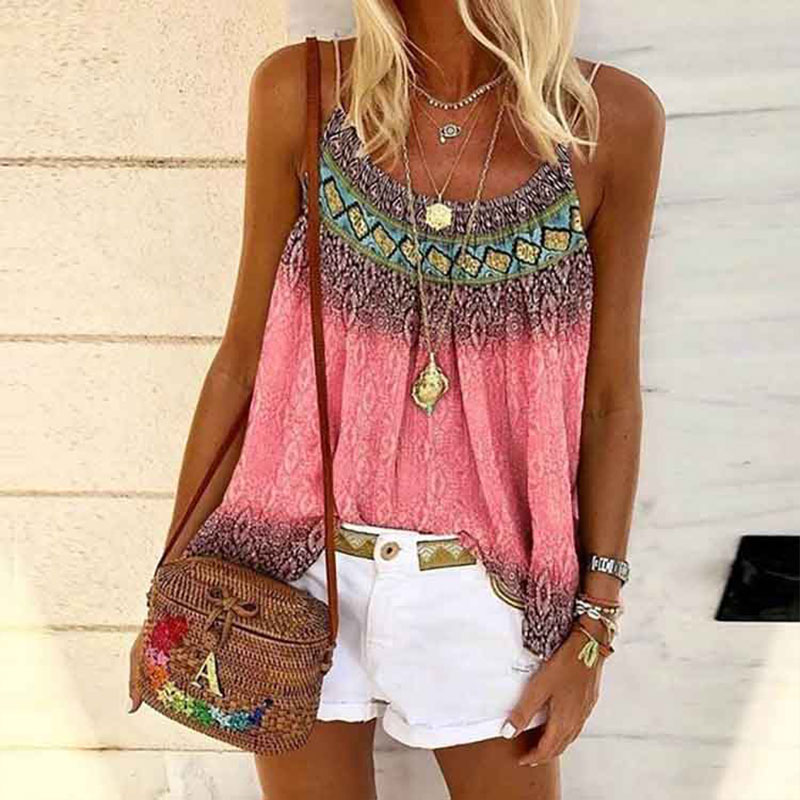 Printed Casual U Neck Sleeveless Pleated Vest T-shirt