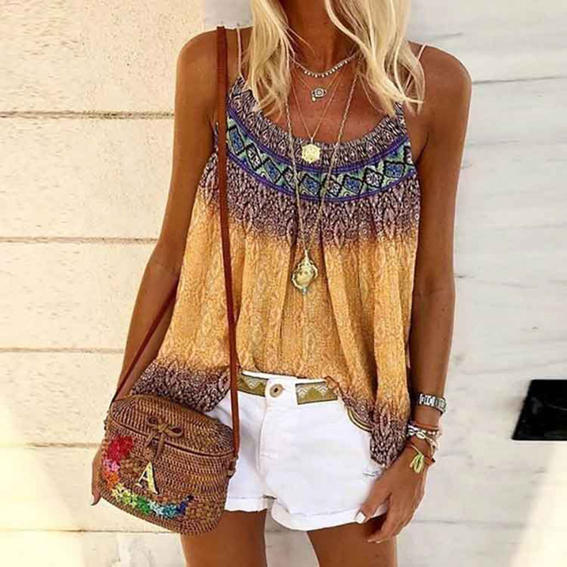 Printed Casual U Neck Sleeveless Pleated Vest T-shirt
