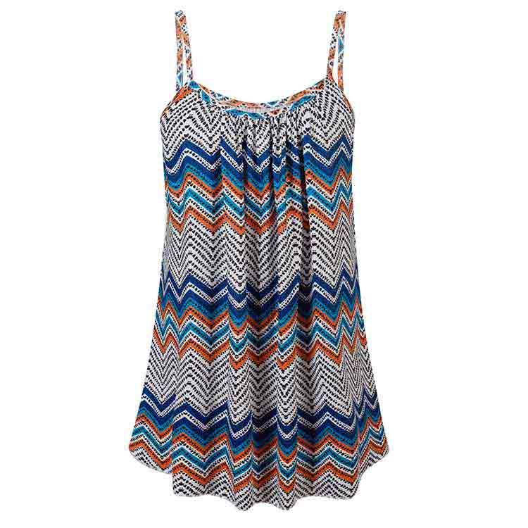 Printed Pleated Spaghetti Strap Sleeveless Round Neck Top