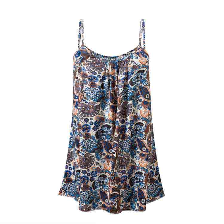 Printed Pleated Spaghetti Strap Sleeveless Round Neck Top