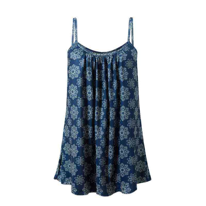 Printed Pleated Spaghetti Strap Sleeveless Round Neck Top