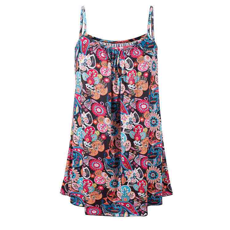 Printed Pleated Spaghetti Strap Sleeveless Round Neck Top