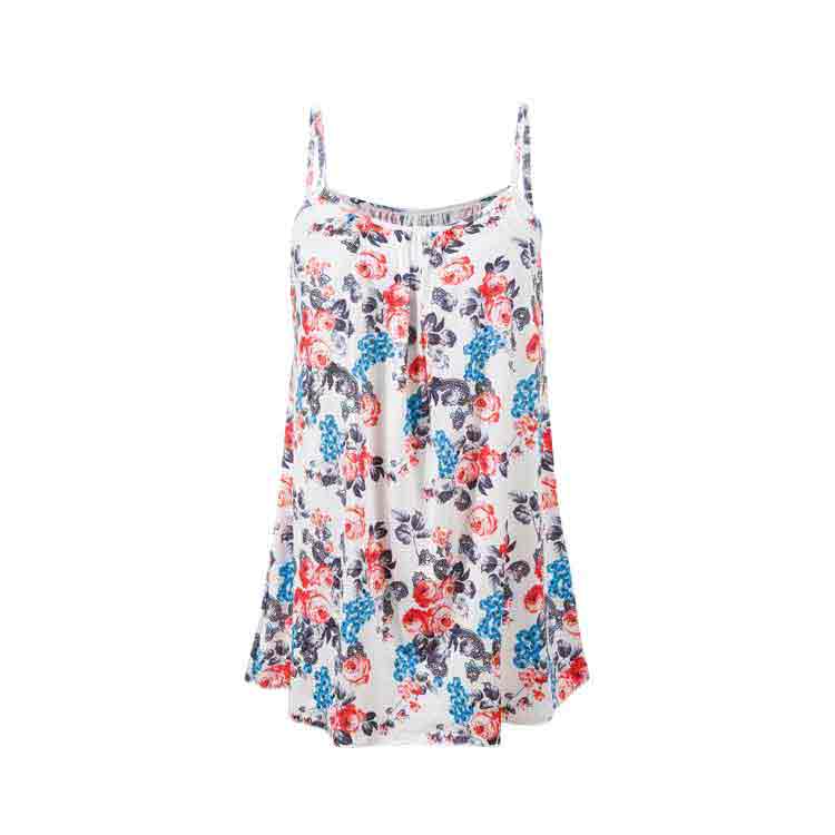 Printed Pleated Spaghetti Strap Sleeveless Round Neck Top