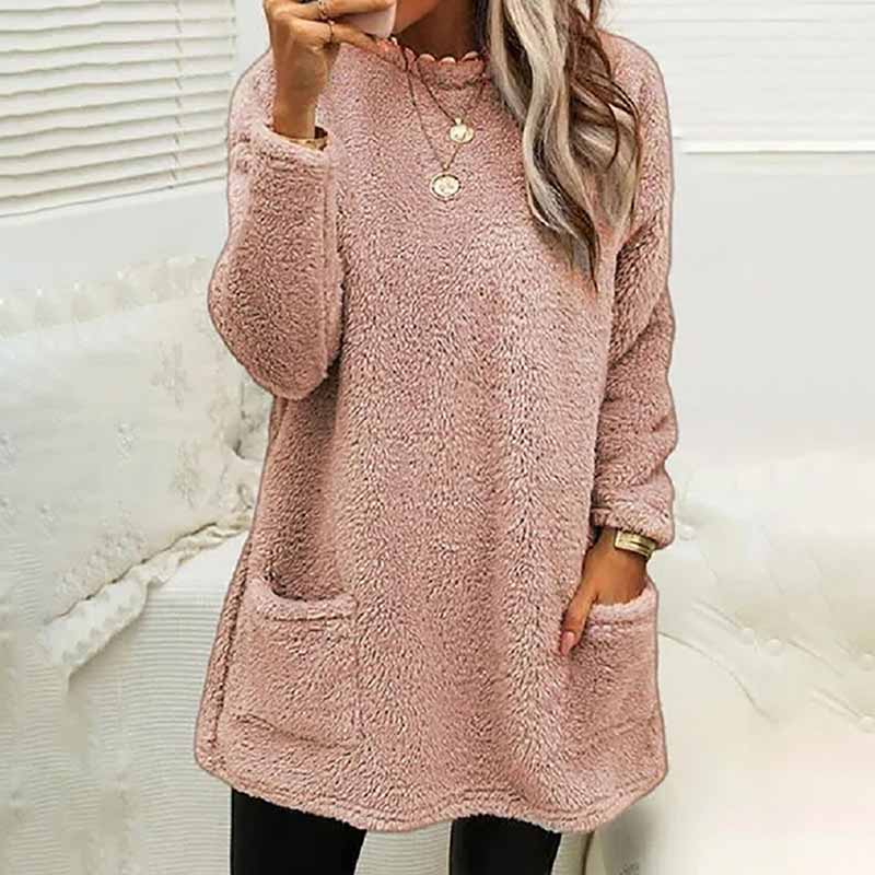Casual Solid Color Plush Warm Autumn Winter Pockets Long Sweatshirt