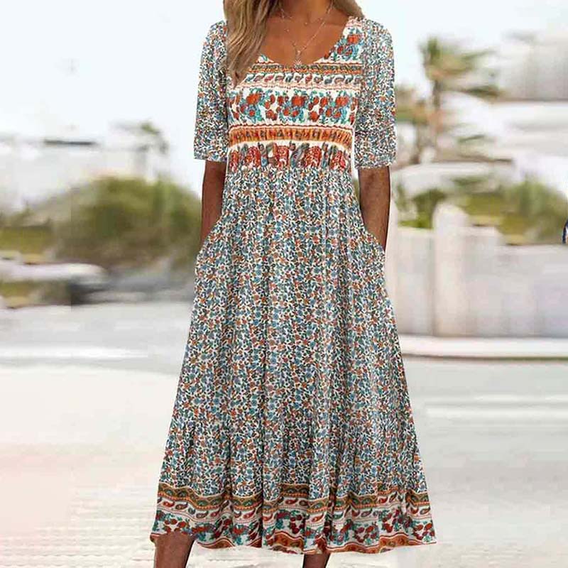 Bohemian Floral Printed Round Neck Half Sleeve A-line Pockets Dress