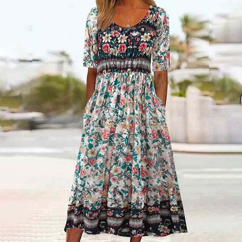 Bohemian Floral Printed Round Neck Half Sleeve A-line Pockets Dress