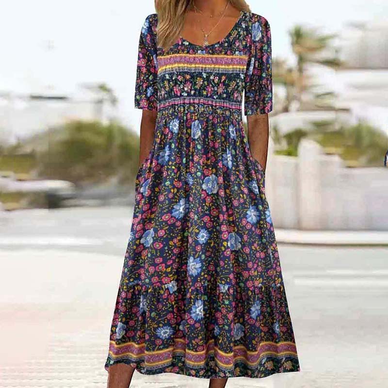 Bohemian Floral Printed Round Neck Half Sleeve A-line Pockets Dress