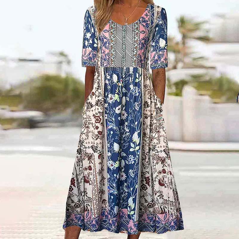 Bohemian Floral Printed Round Neck Half Sleeve A-line Pockets Dress