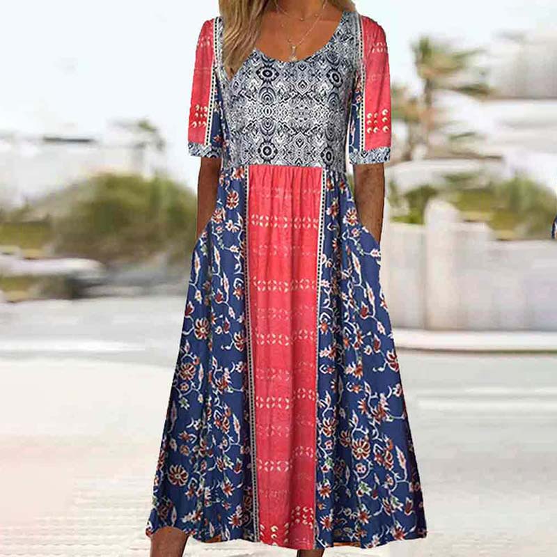 Bohemian Floral Printed Round Neck Half Sleeve A-line Pockets Dress