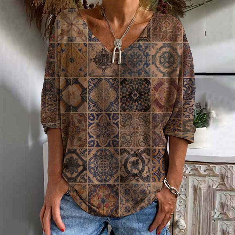 Casual Vintage Ethnic Printed Half Sleeve Loose Shirt