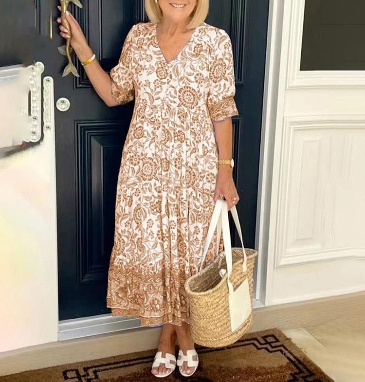 V-neck Floral Printed Pleated A-line Maxi Dress